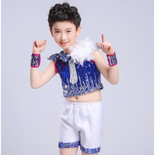 kids jazz dance costumes royal blue silver paillette modern dance street performance school competition outfits